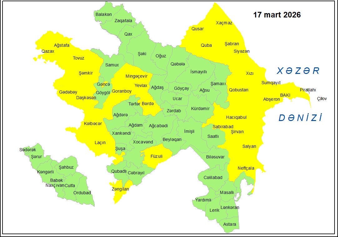 Küləkli hava şəraiti ilə bağlı sarı xəbərdarlıq verilib